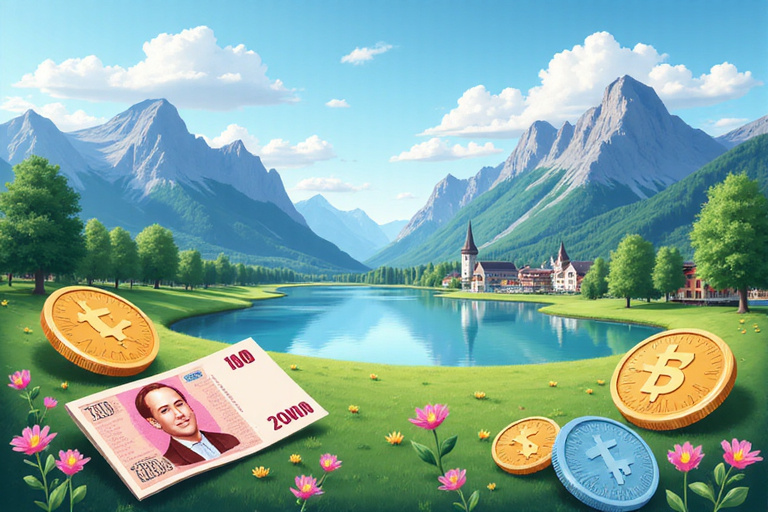 Illustration of Swiss financial symbols with mountains in background