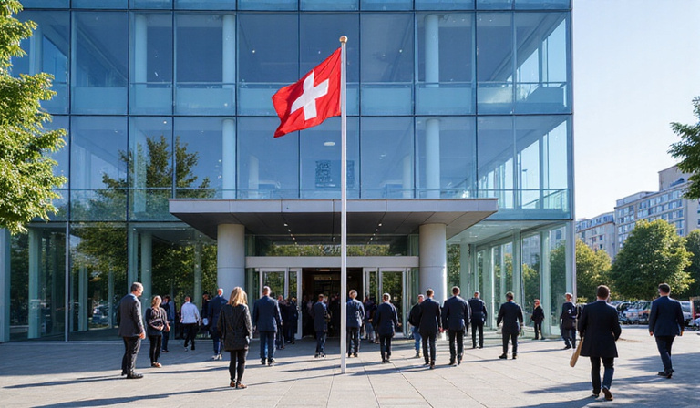 Swiss bank building with modern architecture